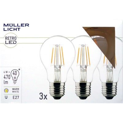 LED Filament Glühlampe E27 4W 470lm 2700K warmweiß 3er Set