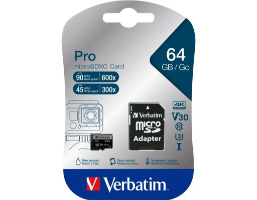 Micro SDXC Card Verbatim PRO 64GB U3 inkl. SD-Adapter