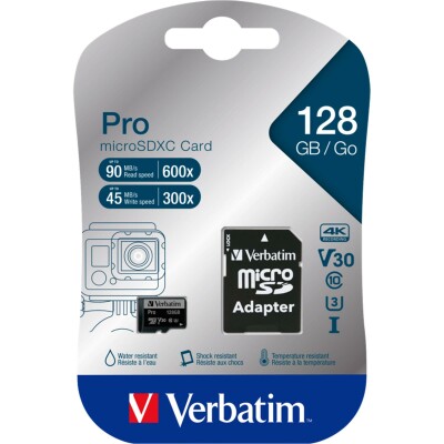 Micro SDXC Card Verbatim PRO 128GB U3 inkl. SD-Adapter