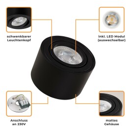 LED-Aufbauleuchte McShine 5W 400Lumen 3000K ØxH 80x50mm schwarz 5er-Pack