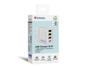 Ladeadapter Verbatim CHR-30EU2 30W weiß 2xUSB-A 1xUSB-A QC 1xUSB-C PD