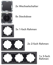 MILOS Starter 16-tlg PRO Anthrazit 8x Steckdose 2x Schalter Steckanschlus