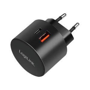 Dual-USB-Schnellladeadapter 1x USB-C (PD) 1x USB-A (QC) 20 W rund schwarz