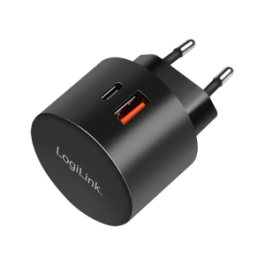 Dual-USB-Schnellladeadapter 1x USB-C (PD) 1x USB-A (QC) 20 W rund schwarz