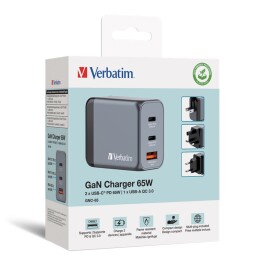 Ladeadapter Verbatim Universal GNC-65 GaN 65W,grau 1x USB-A QC 2x USB-C PD